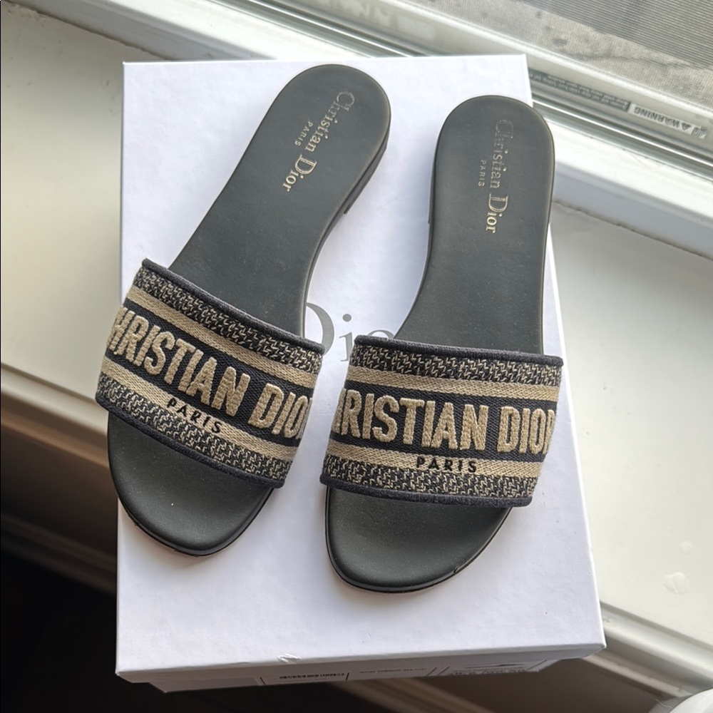 Dior Navy Blue and Tan Embroidered Slides